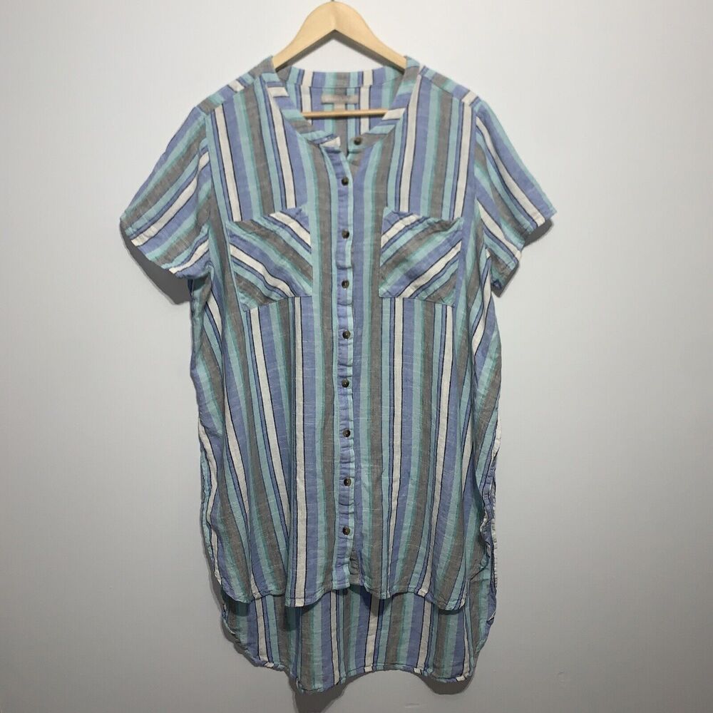 Woman Within Linen Blend Shirt Dress Beach Cover Up L 18/20 Striped Blue Gray
